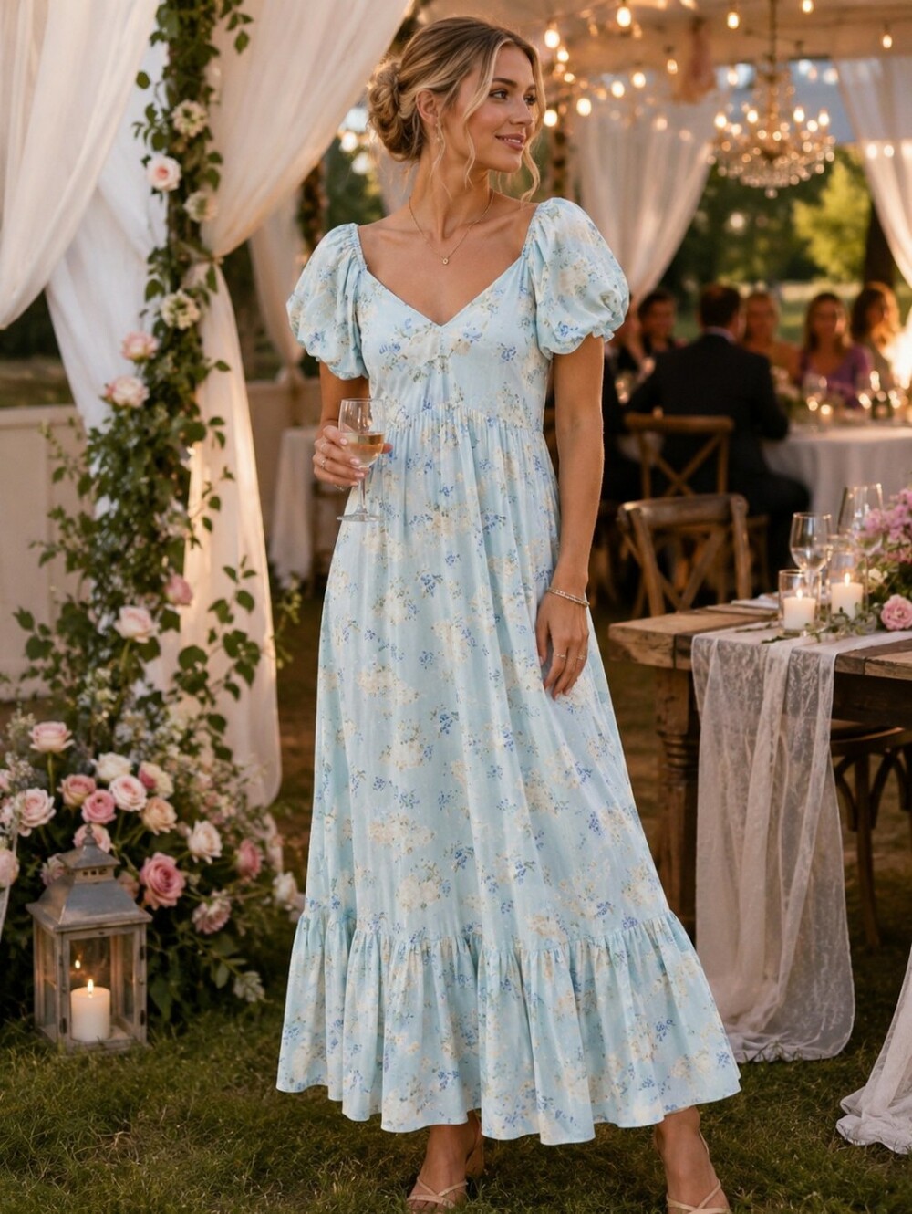 Love Shack Fancy Blue Floral Puff Sleeve Maxi Dress Sz 0